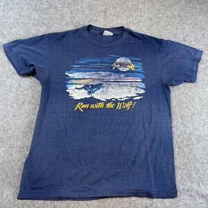VINTAGE 80s Run With The Wolf Shirt Mens Blue Graphic USA Single Stitch Tee XL